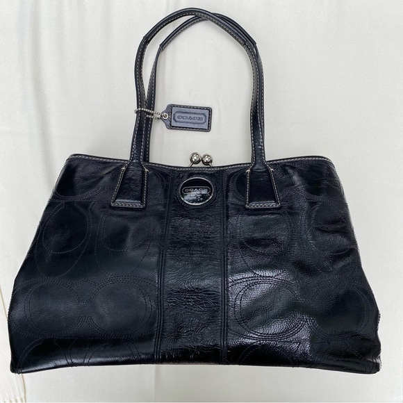 Coach black patent leather carryall F19215 with light blue interior. Looks great - Picture 1 of 8
